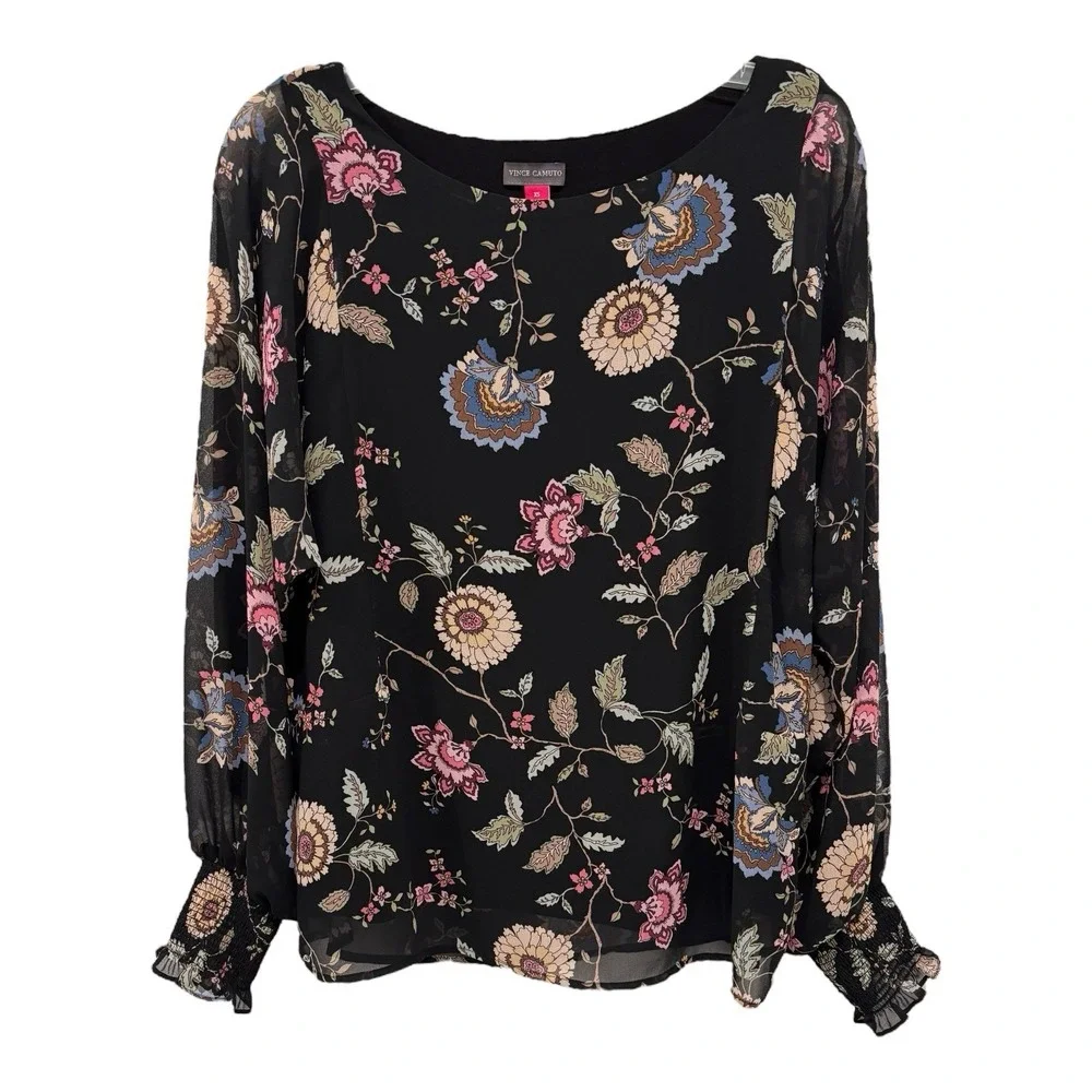 Vince Camuto Top XL Sheer Black Multi Floral Bishop Sleeves Stretch Cuffs Lined - Picture 1 of 8